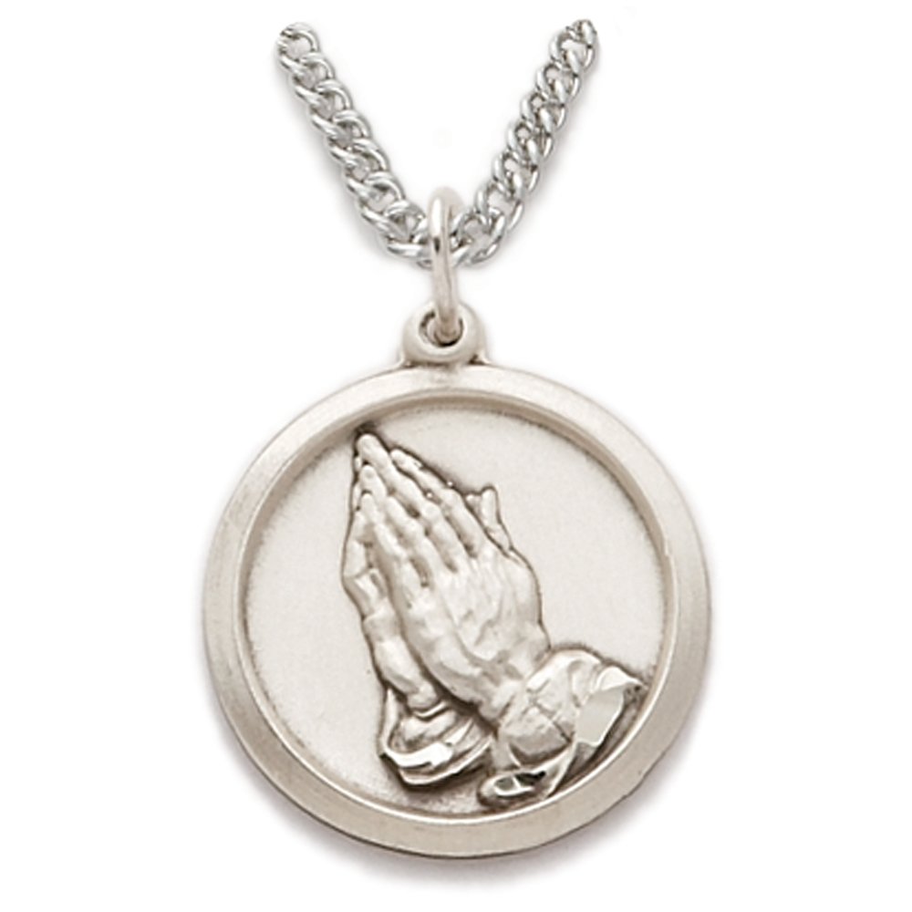 Sterling Silver 3/4" Praying Hands Medal Necklace with Serenity Prayer
