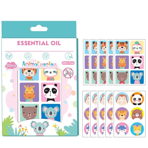 60 Anti-Mosquito Patches with Children's Design, Cartoon Mosquito Repellent Stickers, Ideal for Camping, Hiking and Outdoors (Animals)