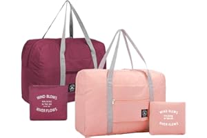 INVODA 2PCS Foldable Travel Duffel Bag 2PCS Tote Carry on Luggage Bag Spirit Airlines Personal item Sports Gym Bag Water Resistant Weekender Overnight Bags for Women and Men (Pink+Red)