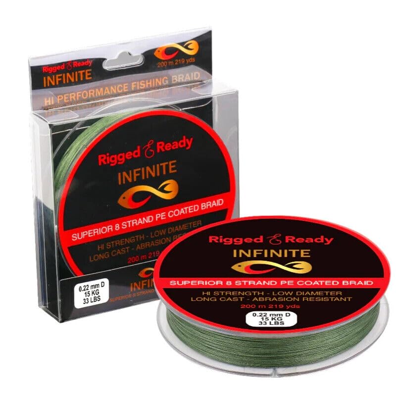 Rigged and Ready Infinite Hi-performance Fishing Braid-33lb-15kg PE Coated Line-200m. Braided 8 Strand Low Diameter No Stretch Long Cast Abrasion Resistant Fast Sink. River Lake Sea Fishing.