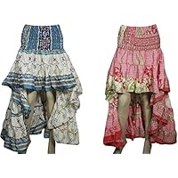 Mogul Interior Womens Hi Low White,Peach Skirt Silky Bohemian Salsa Bellydance Full Flare Summer Dress Lot of 2