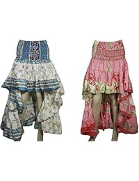 Mogul Interior Womens Hi Low Skirt Silk Sari Boho Full Flare Summer Dress Lot of 2