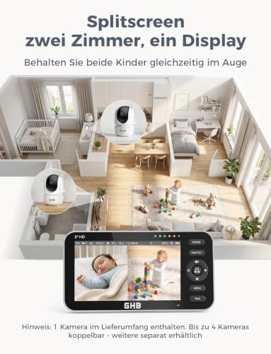 GHB Baby Monitor with Camera 5 Inch 720P HD Display with up to 168 Hours Battery Life in VOX Sleep Mode Split Screen Display Night Vision 4X Zoom Swivelling