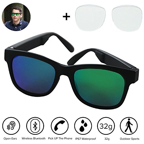 Bone Conduction Bluetooh4.1 Headphones Glasses Polarized Sunglasses Waterproof Wireless Music MP3 Player Headset HandFree Earphones for SmartPhones Iphone HTC LG Samsung Android Windows (Green Coated)