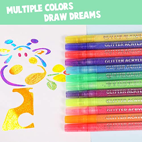 SMOOTHERPRO Glitter Paint Pens Acrylic Ink Markers 12 Colors 0.7mm Rock