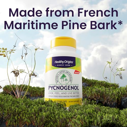 Healthy Origins Pycnogenol 100 mg, 120 Veggie Capsules - 100% Clinically Studied French Maritime Pine Bark Extract - Supports Healthy Heart, Joint Health & Skin Elasticity - 4 Month Supply