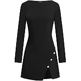 CIDER Elegant Long Sleeve Mini Dress with Gold Buttons Split Hem