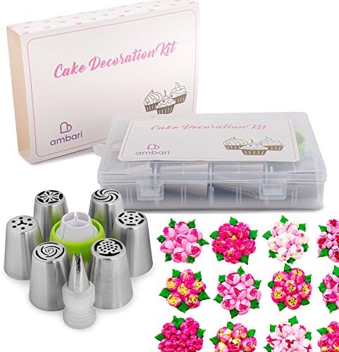 Russian Piping Tips Cake Decorating Kit by Ambari- 21 PCS Great for Wedding Cakes,Birthday Cupcakes - Edible Designs with Frosting Tips, Piping Bags, &amp; Coupler Complete Set with Guide and Free Recipe