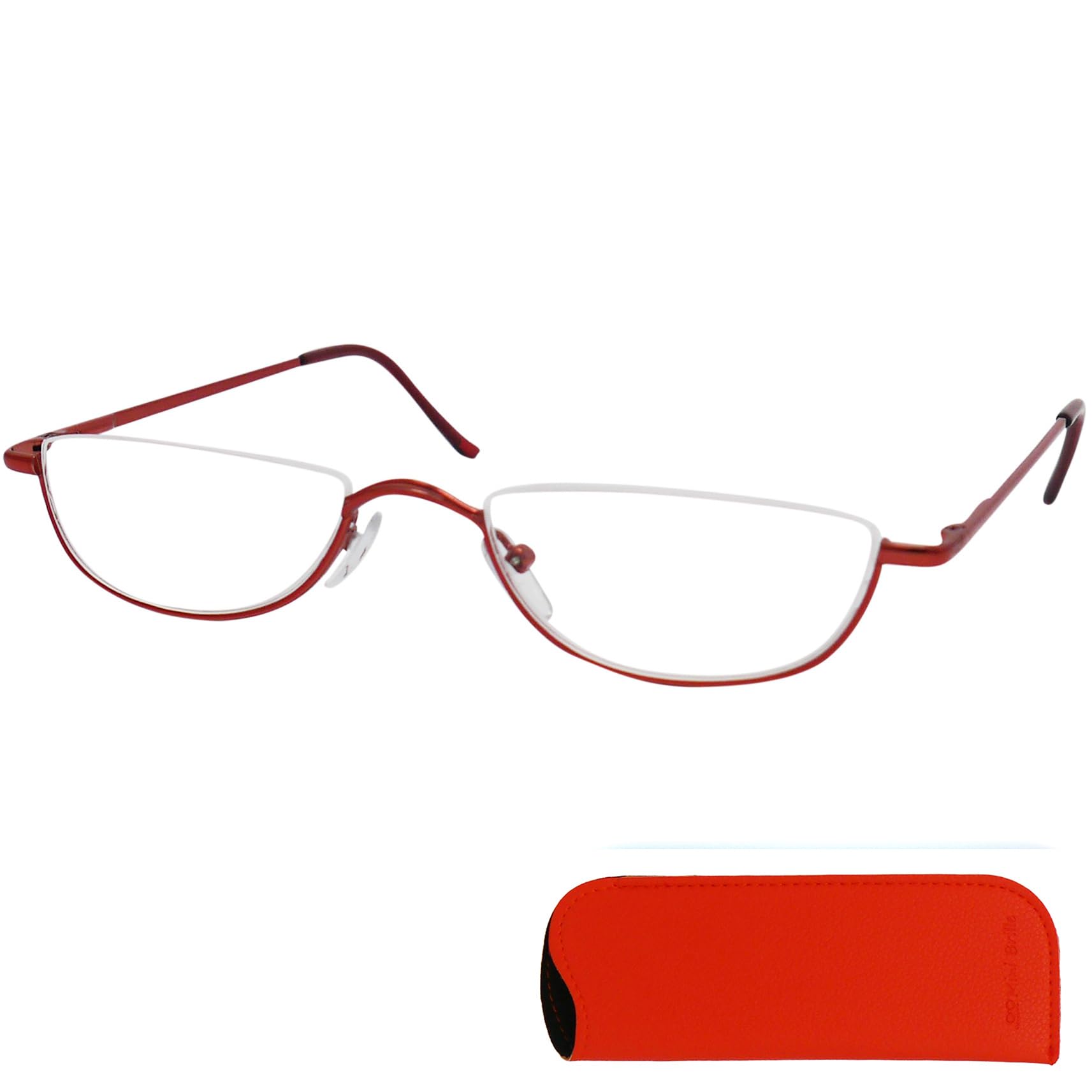 Mini Brille - Metal Half Moon Reading Glasses, Including FREE Case, Half Eye Stainless Steel Frame (Red) with Spring Hinge, Men and Women Readers +1.00 Magnification — image 1