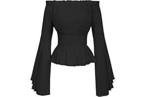 SHOPESSA Renaissance Faire Costume Women Top Smocked Cinched Waist Tops and Blouses Pirate Off The Shoulder Victorian Blouse