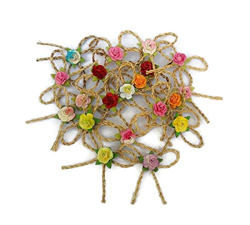 40 Pcs Vintage Bows Jute Twine Tie with Mulberry Paper Rose Mixed Color Rustic Craft Decor