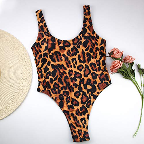 Women's Leopard Bikini Swimwear Ladies Summer One-Piece Set Soft Flexible Push-Up Pad Filled Bra Beachwear S-XL (Coffee, M)