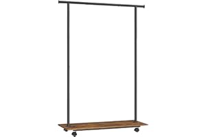 SONGMICS Clothes Rack with Wheels, Clothing Rack for Hanging Clothes, 38.8 Inches Metal Garment Rack with Shelf, Loads up to 110 lb, for Bedroom, Closet, Rustic Brown and Ink Black UHSR151B01