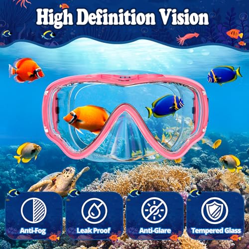 UPhitnis Children's Snorkel Set - Diving Goggles Anti-Fog and Dry Snorkel - Anti-Leak Diving Mask Dry Snorkel - Snorkelling Set for Boys Girls - Pink, Blue, Black, Yellow