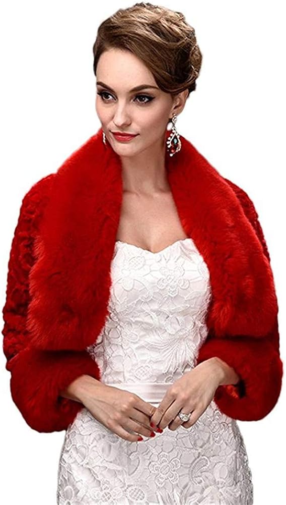 Oncefirst Women's Winter Faux Fur Wedding Jacket for Bride Wrap Shawl Bolero Jacket at  Women's Coats Shop