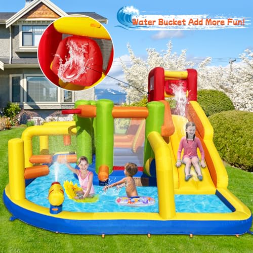 Umbalir Inflatable Obstacle Bounce House, Kids Bounce House Water Park with Water Slides, Surprise Dump Bucket, Obstacles,Jumping, Tunnels, Climbing,Water Cannon, and Ball Shooting Frame