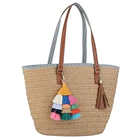 COOFIT Straw Bags Beach Bags Pompom Shoulder Bags Straw Purse Summer Woven Bags Tassel Bags 51tZYgwNddL