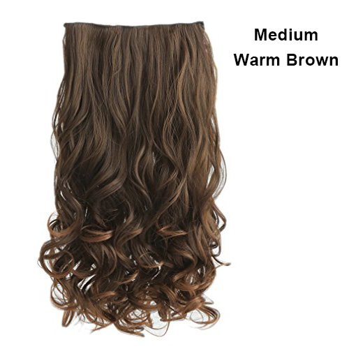 REECHO 16" 1-Pack 3/4 Full Head Curly Wavy Clips in on Synthetic Hair Extensions Hairpieces for Women 5 Clips 3.9 Oz per Piece - Medium Warm Brown