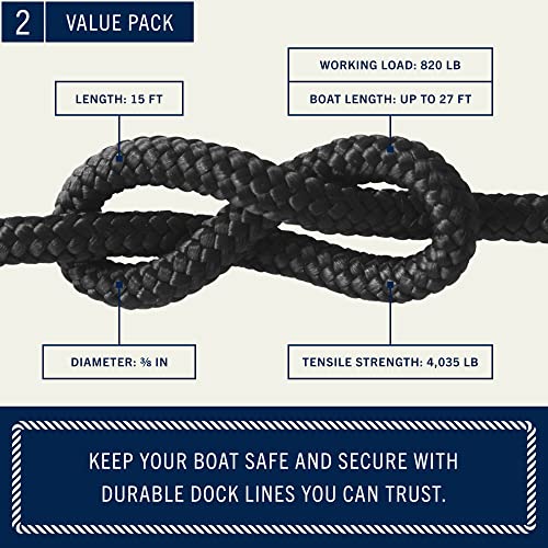 Dock Lines 2 Pack 15' x 3/8" Premium Double Braided Nylon Boat Dock Lines/Mooring Lines with