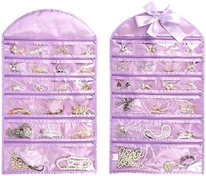 Ominic Jewelry Hanging Organizer Holder 40 Pockets Dual Sides With Secure Zipper Rolls Up For Travel - Purple