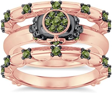 Silvostyles 9K Rose Gold Plated 1.2Ct Round Cut Green Peridot CZ 3PC Cluster Setting Skull Ring
