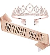 Birthday Crowns for Women, Didder Rose Gold Rhinestone Tiara & Birthday Queen Sash, Birthday Crow...