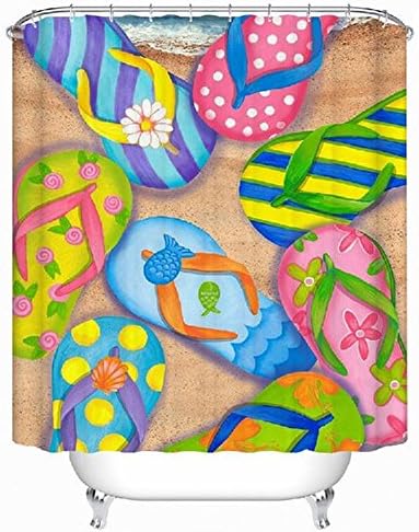 Alicemall 3D Bath Curtain Set Colorful Beach Sandal Flip Flops Print Bathroom Shower Curtain, Polyester Waterproof Curtain with 12 Curtain Hooks (71"W x 71"H)