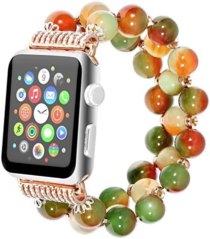 Compatible with Apple Watch Band 38mm 42mm 40mm 44mm, Fashion Handmade Elastic Stretch Faux Crystal Pearl Bracelet Women Girls iWatch Bands Strap Replacement for Apple Watch SE Series 6 5 4 3 2 1, 38mm 40mm, Peacock Green