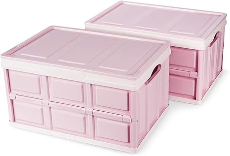 Amazon Amazonブランド Umi ウミ 収納ケース ２個セット 折りたたみコンテナ 収納ボックス ふた付き プラスチック 小物 おもちゃ 衣類収納 大容量 積み重ね 組立簡単 防塵 防カビ 防湿 多機能 奥行約52 5 幅約35 5 高さ約28 5cm ピンク ホワイト 収納ケース