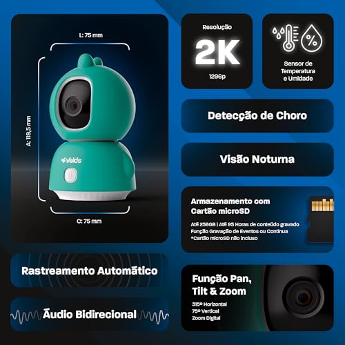 Babá Eletrônica Wi-Fi Velds, Visão Noturna, Detecção de Choro, Sensor de Temperatura, Áudio Bidirecional, Armazenamento até 256GB, Câmera Monitor de Bebê com Capinha Verde Dragão