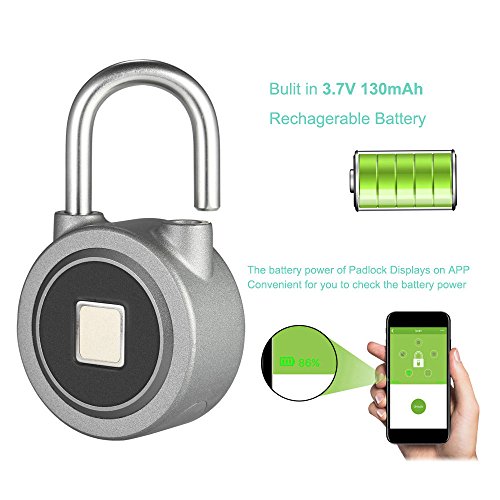 Rumfo Fingerprint Padlock, Bluetooth Connection Metal Waterproof, Suitable for House Door/Suitcase/Backpack/Gym/Bike/Office/APP is Suitable for Android/IOS Support USB Charging (Silver) - Thumbnail 4