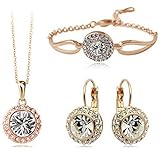 Women Fashion Jewelry 18K Gold Plated Crystal Round Shaped Necklace Bracelet Earrings Set