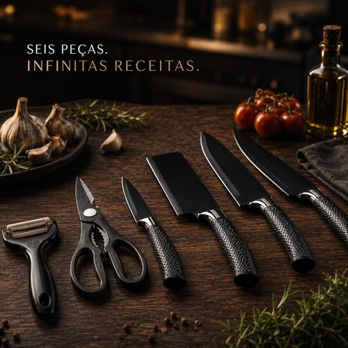 Kit Facas de Cozinha 6 Peças em Aço Inox com Tesoura | Ideal para carnes, legumes, frutas e preparos do dia a dia
