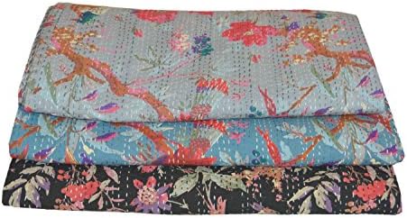 Set of 3 Bird Print Queen Size Kantha Quilt, Kantha Blanket, Bed Cover, Kantha bedspread, Bohemian Bedding Kantha Size 90 Inch x 108 Inch