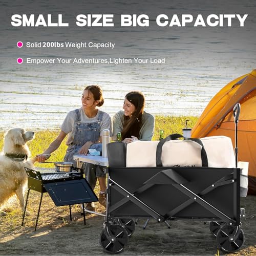 Yoawllty Trolley Cart,Collapsible Folding Wagon with All Terrain Wheels and Drink Holders,Portable Large Wagon for Camping,Shopping,Garden and Beach,Grass,Sand,Fishing(Black)