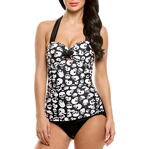 Ekouaer Womens Retro Black Skull Floral Halter One Piece Bikini Swimsuit Padding Monokinis Pin Up Bathing Suit Swimwear,Black,XXXL