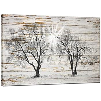 sechars - Black and White Tree in Sunrise on Rustic Wooden Background Canvas Print Winter Landscape Picture Giclee Print on Canvas,Framed and Ready to Hang,Modern Home Ofiice Wall Decor - 24