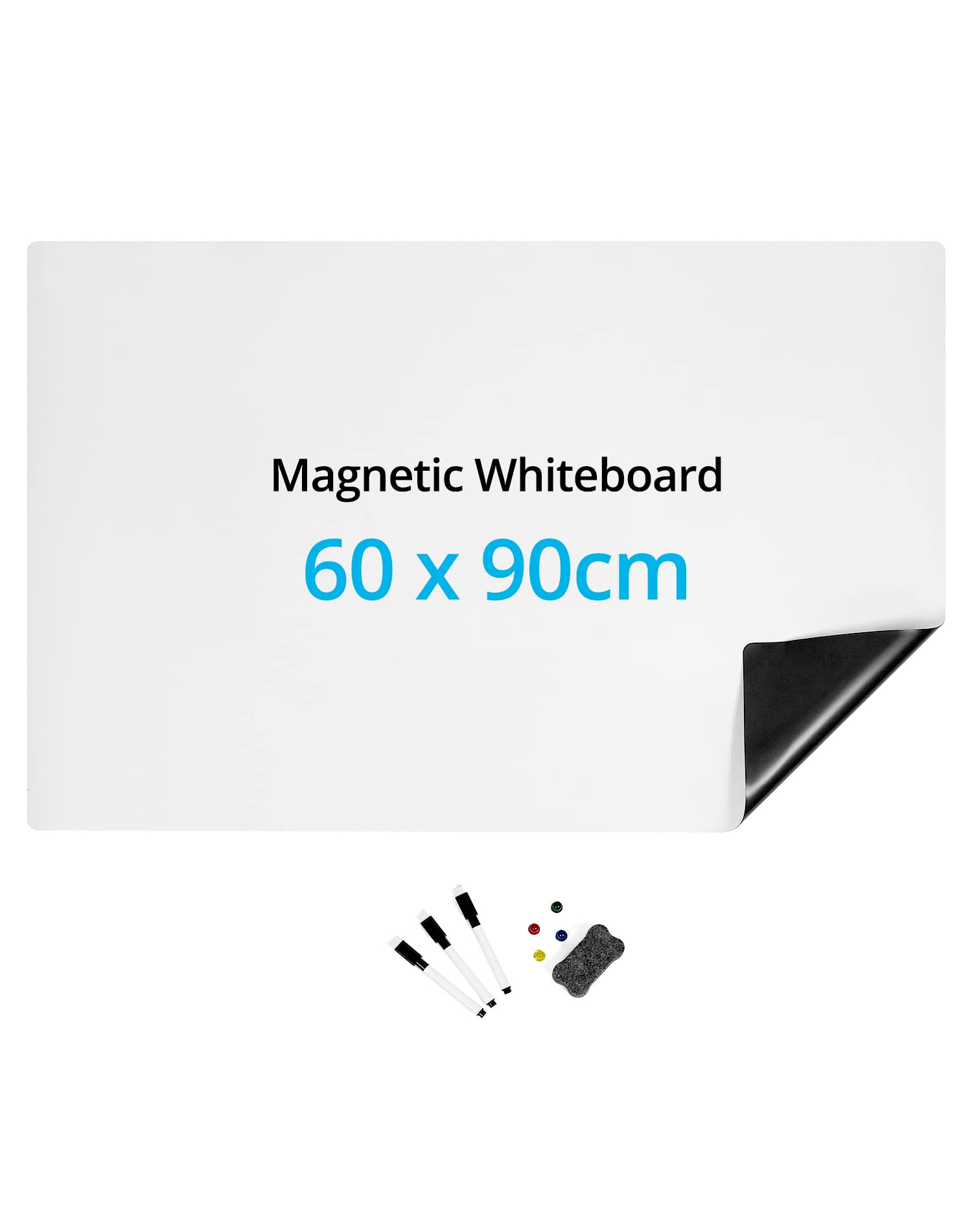 QWORK® whiteboard, 60 x 90cm with 4 suctions + 1 Blackboard Eraser + 3 pens, for Office, Home, School