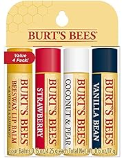 Burt's Bees Lip Balm Stocking Stuffer, Moisturizing Lip Care Holiday Gift, 100% Natural, Original Beeswax, Strawberry, Coconut & Pear, Vanilla Bean with Beeswax & Fruit Extracts, Multipack (4 Pack)