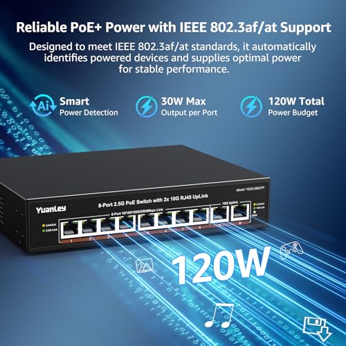 YuanLey 8 Ports Unmanaged 2.5G PoE Switch, 8 x 2.5G Base-T PoE Ports, 2 x RJ45 10G, 120W PoE Budget, Metal Enclosure Without Fan, 10 Port 2.5Gbe/10G PoE Ethernet Switch for NAS, PC Gaming, AP