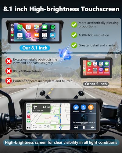 8.1 Inch Motorcycle Carplay Wireless Carplay and Android Car for Motorcycles, IP67 Waterproof Touchscreen Motorcycle Navigation GPS Bluetooth Audio, Siri and Google