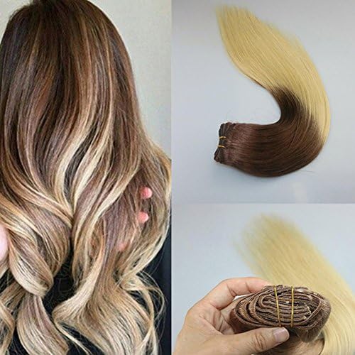 24inch Remy Virgin Hair Clip In Extensions Clip In Brazilian Hair Extensions Ombre Colour #4 and #613 Clip In Human Hair Extensions 120g 7pcs
