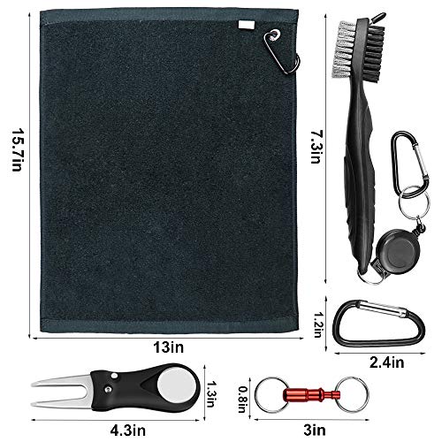 Yotako 2 Pack Microfiber Golf Towel for Golf Bags with Clip,Club Groove Cleaner Brush,Golf Divot Repair Tool with Ball Marker and Pull Apart Key Ring-Golf Accessories