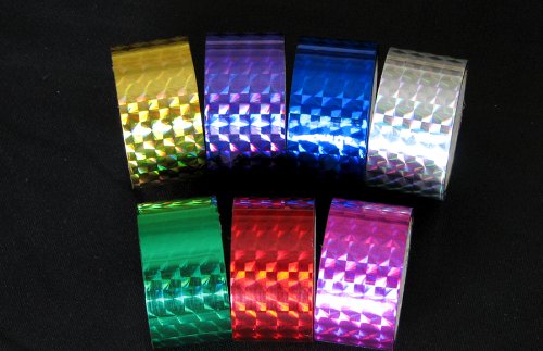 Decorating Adhesive Prism Laser Tape - 1 in. (1.0") X 50 Ft. 7 Color Set for Sport Hoop Hula Hoop, Baton Tape, Reflective Prismatic Adhesive Tape Roll. Safety Glare Tape