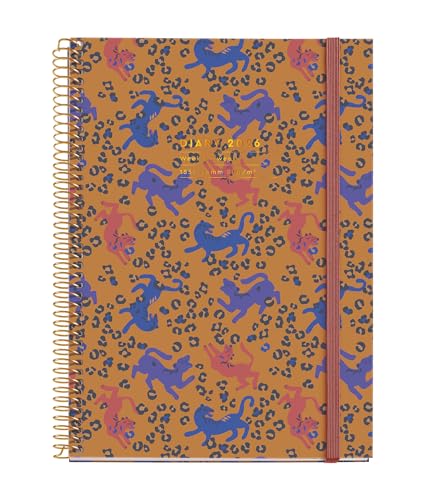 Miquelrius Agenda semainier 2026 format A5+ (155 x 213 mm), couverture rigide en carton, spirale, fermeture élastique, papier 80 g/m², ES-EN-PT, léopard