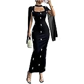 GORGLITTER Women's Pearl Cape Cloak Long Sleeve Maxi Dresses Elegant Classy Fall Wedding Guest Cocktail Bodycon Dresses