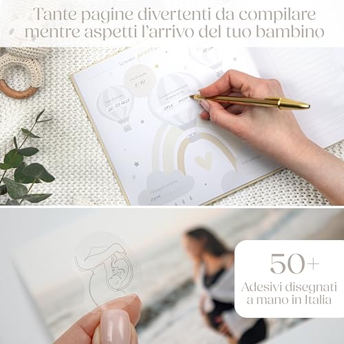Wellode Pregnancy Diary in Italian with 105 Pages and Stickers – 9 Months of Memories to Keep Forever – Pregnancy Book to Fill in – Precious Gift for Future Mothers (Cream)