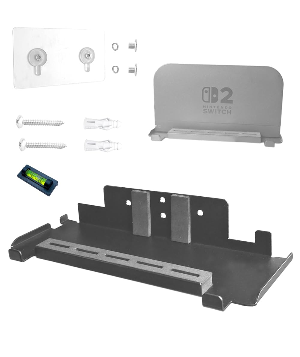 EMAQUIN Wall Mount Bracket for Nintendo Switch 2/Switch OLED(Drill Free,Heavy Duty Sticker Installation,Sturdy Metal,5 Game Cards Holder,2 Joy-con Hanger,Easy Install Behind TV,Black)