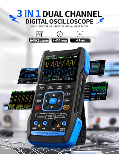 FNIRSI 2C53T Osciloscopio de mano mejorado, ancho de banda de 50 MHz, multímetro osciloscopio digital 3-en-1, generador DDS, frecuencia de muestreo de 250 MS/s, 19999 cuentas, voltaje, corriente