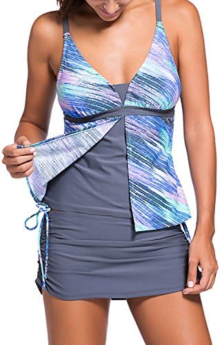 Snowyee Womens Sexy Summer Color Top Skorts Bottom Two Pieces Tankini Swimsuits Bathing Suits (Blue M)